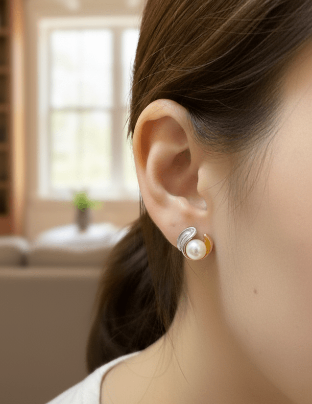 Dual Tone Pearl Stud Earrings