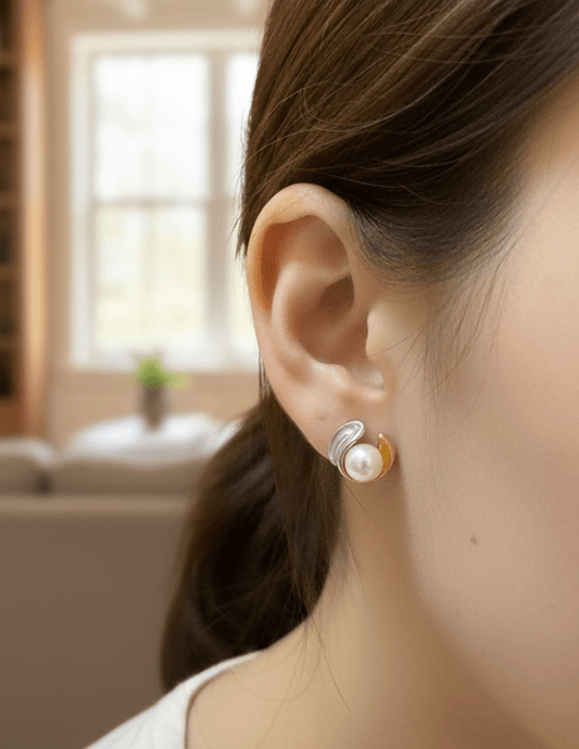 Dual Tone Pearl Stud Earrings