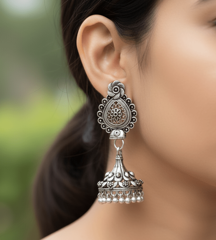 Floral Dome Oxidized Silver Jhumka Earrings