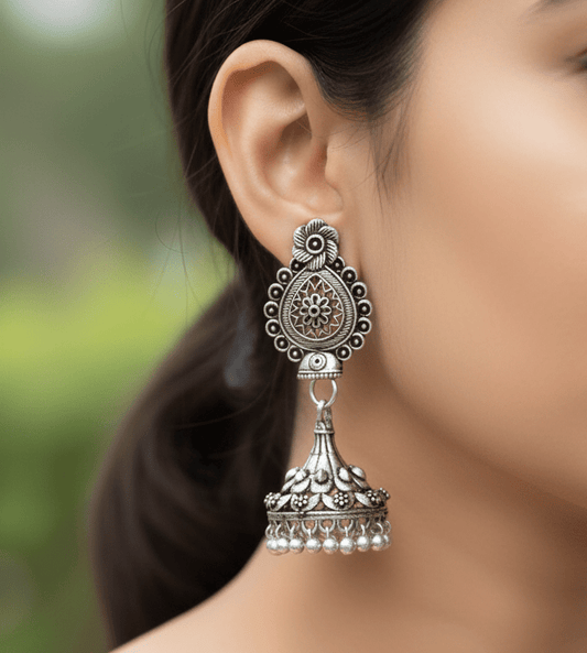 Floral Dome Oxidized Silver Jhumka Earrings