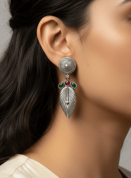 Oxidised Silver Leaf Drop Earrings with Ruby & Emerald Stones