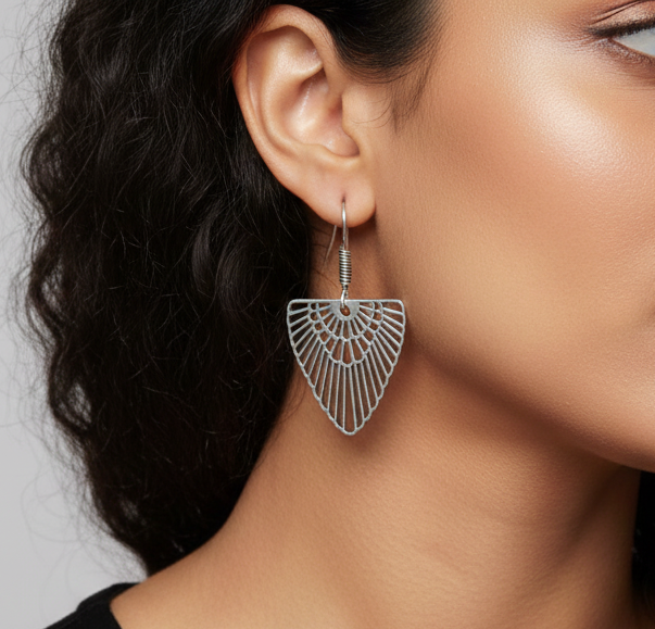 Artisan Silver Filigree Leaf-Inspired Geometric Drop Earrings