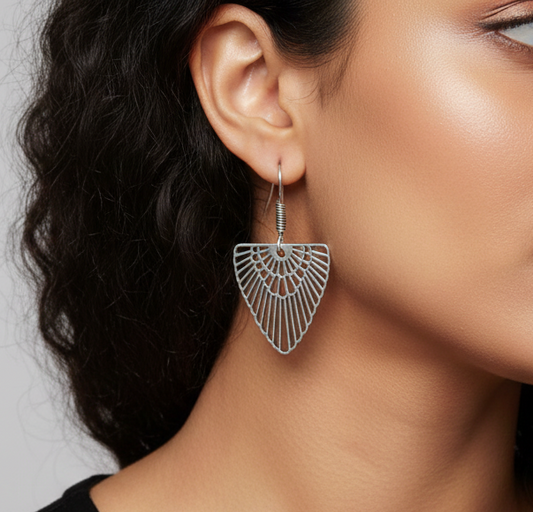 Artisan Silver Filigree Leaf-Inspired Geometric Drop Earrings