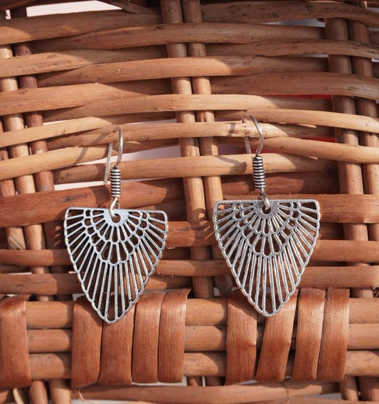 Artisan Silver Filigree Leaf-Inspired Geometric Drop Earrings