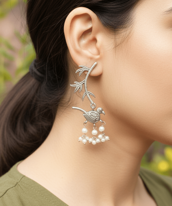 Oxidized Silver Bird Jhumka Earrings with Pearl Drops