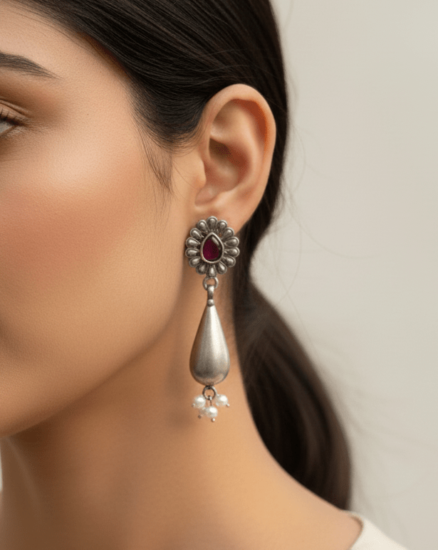 Silver-Tone Floral Stud Dangle Earrings with Ruby-Hued Center
