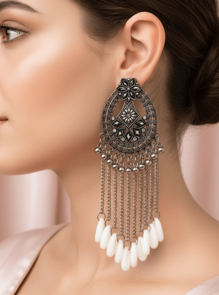 Oxidized Silver Earrings with Dangling Chains & Cowrie Shells