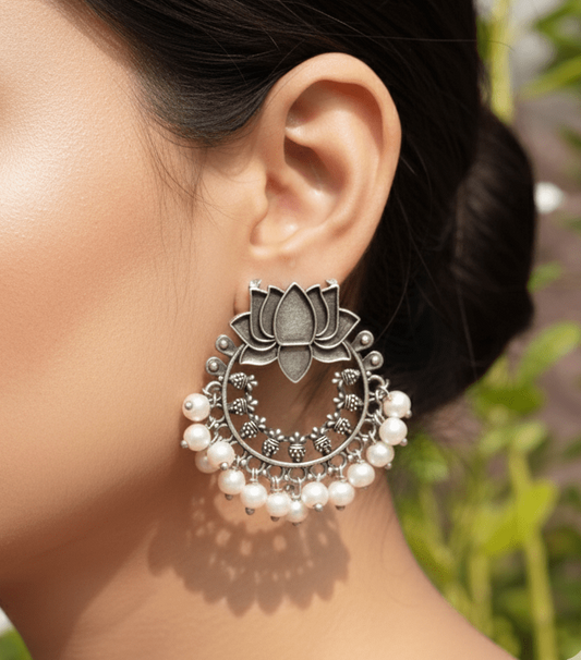 Traditional Silver Lotus Hoop Earrings
