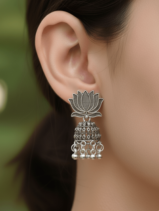 Lotus Design Oxidised Jhumka Earrings