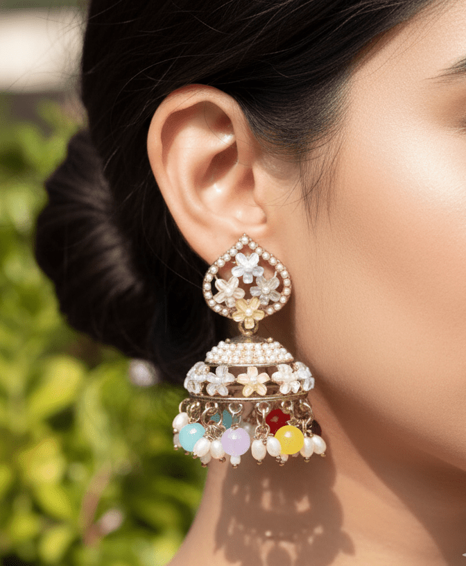 Pastel Multi-Color Beaded Jhumka Earrings with Kundan & Pearls