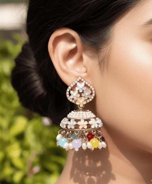 Pastel Multi-Color Beaded Jhumka Earrings with Kundan & Pearls