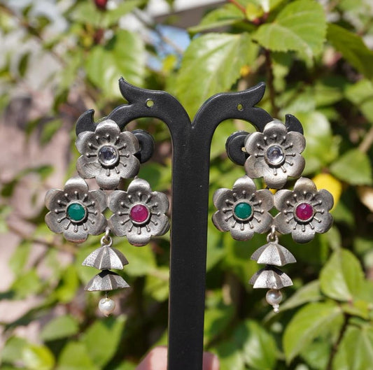 Multi-Flower Drop Earrings with Gemstone Accents
