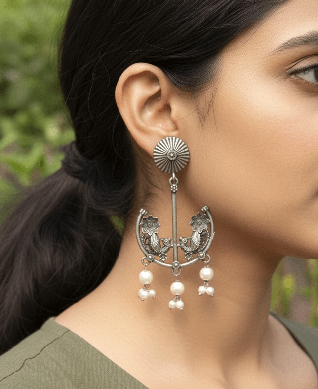Silver Jhumka Earrings with Floral Motif & Pearl Drops