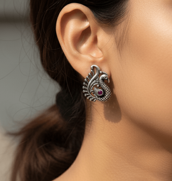 Intricate Oxidized Peacock Stud Earrings