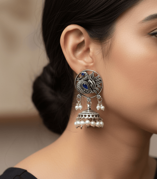Oxidized Silver Peacock Jhumka Earrings with Pearl Drops