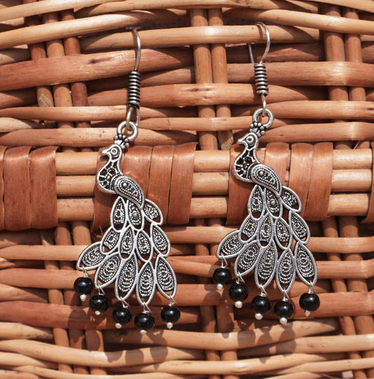 Oxidised Peacock Drop Earrings with Beads