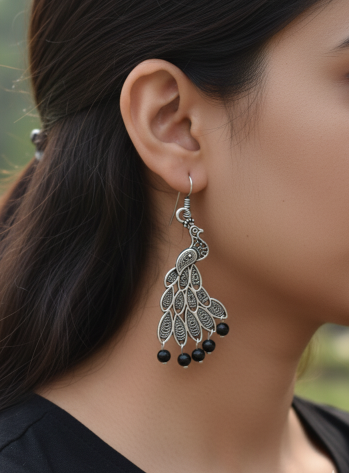 Oxidised Peacock Drop Earrings with Beads