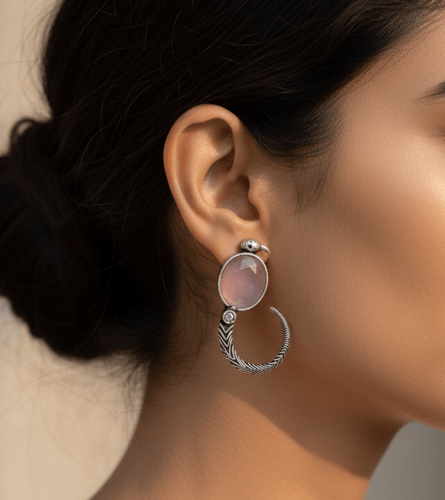 Pink Stone Antique Silver Hoop Earrings
