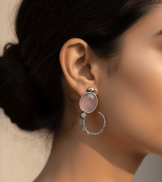 Pink Stone Antique Silver Hoop Earrings
