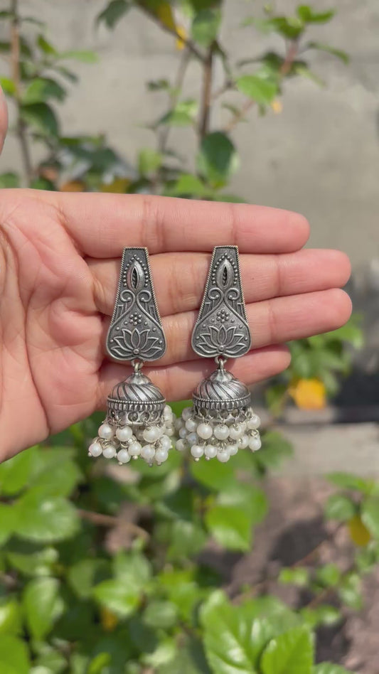Lotus Jhumka Earrings with Layered Pearl Drops