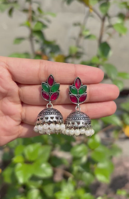 Classic Jhumki with Colorful Enamel Top and Pearl Drops