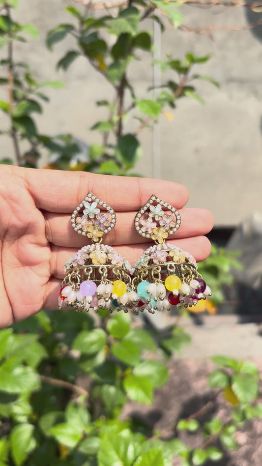 Pastel Multi-Color Beaded Jhumka Earrings with Kundan & Pearls