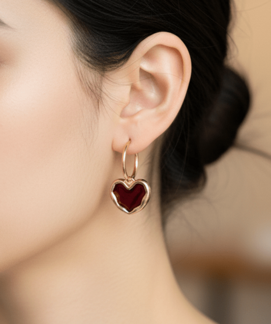 Gold-Toned Mini Hoops with Red Enamel Heart Dangle