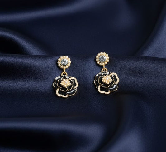 Vintage Black Enamel Floral Statement Earrings for Women