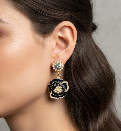 Vintage Black Enamel Floral Statement Earrings for Women