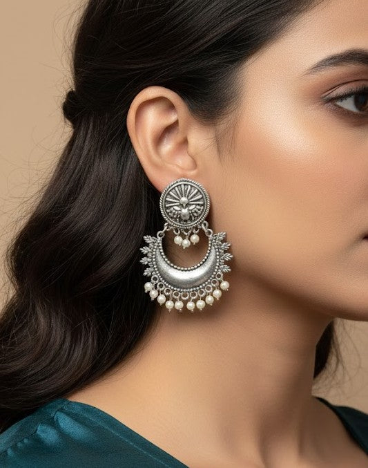 Traditional Indian Tribal Jhumka Style Crescent Moon Dangler Earrings