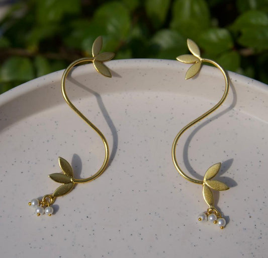 S-Curve Gold Branch Earring with Pearl Accents