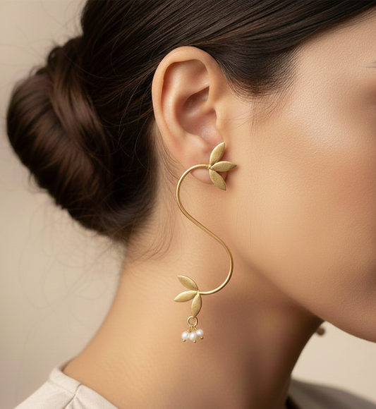 S-Curve Gold Branch Earring with Pearl Accents