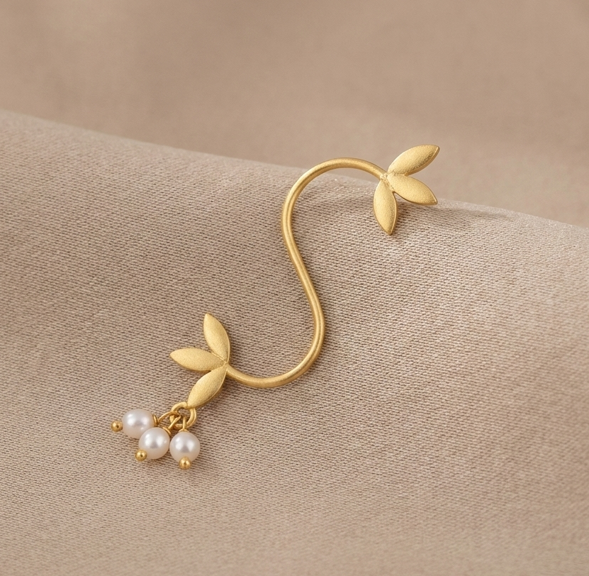 S-Curve Gold Branch Earring with Pearl Accents