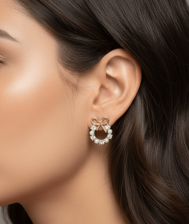 Elegant Golden Bow & Pearl Wreath Stud Earrings