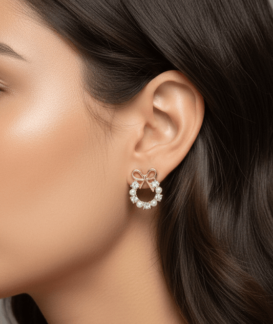 Elegant Golden Bow & Pearl Wreath Stud Earrings