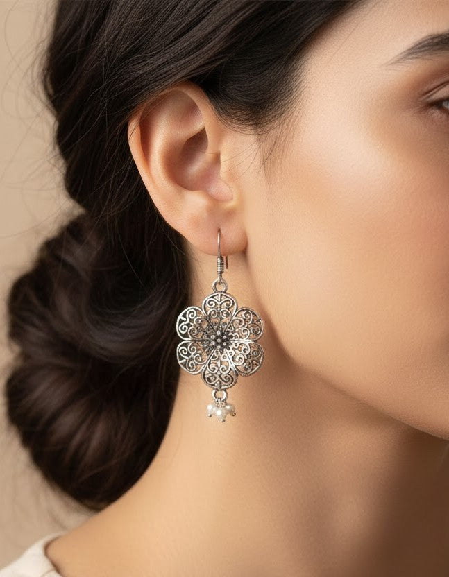 Intricate Oxidized Silver Flower Jhumka Earrings with Pearl Drops