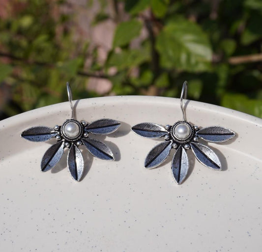 Petal Drop Earrings with Freshwater Pearl Accent - Oxidized Silver Ethnic Jewelry | Sparkll