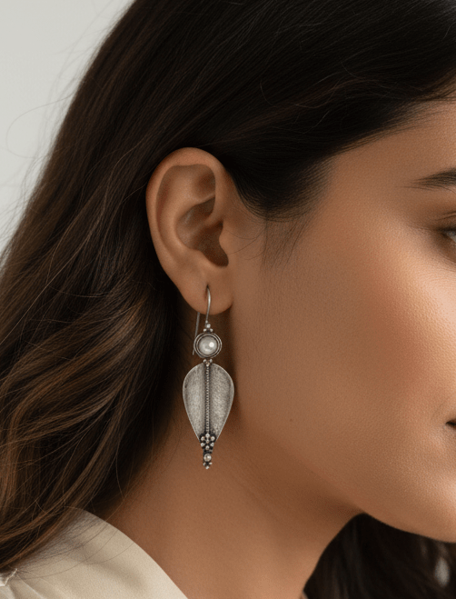 Sterling Silver Leaf Drop Earrings with Pearl Accent