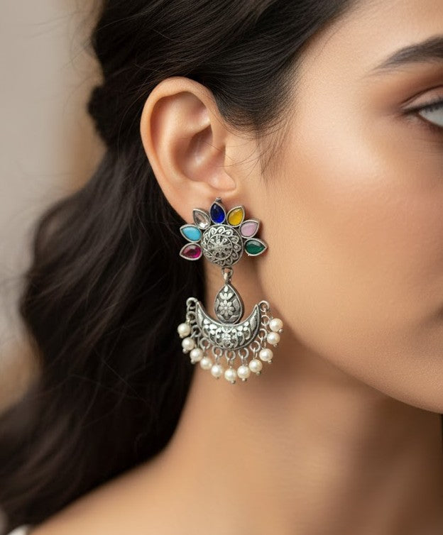 Bohemian Multi-Gemstone Chandbali Jhumka Dangler Earrings