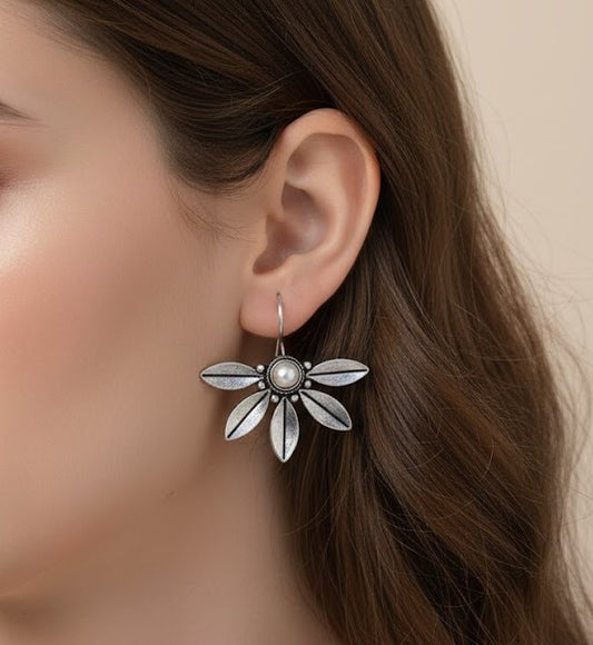 Petal Drop Earrings with Freshwater Pearl Accent - Oxidized Silver Ethnic Jewelry | Sparkll