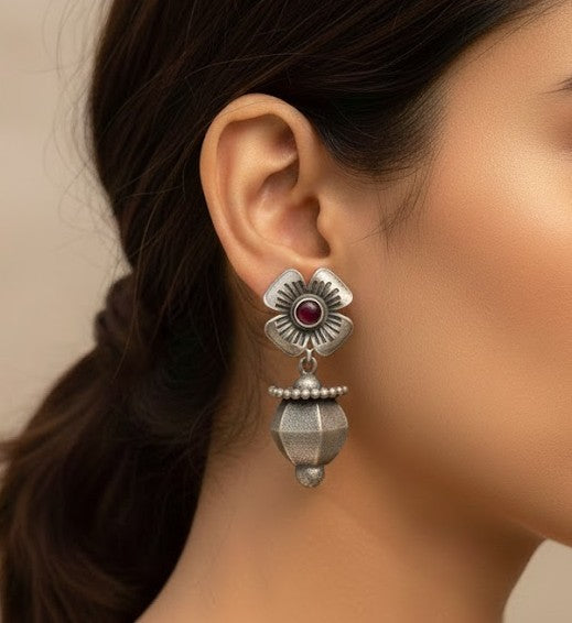 Oxidised Flower & Geometric Dangle Earrings