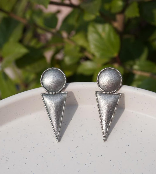 Vintage Oxidized Silver Geometric Earrings – Matte Textured Triangle and Circle Drop Earrings