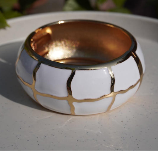 Gold-Trimmed White Enamel Grid Statement Bracelet