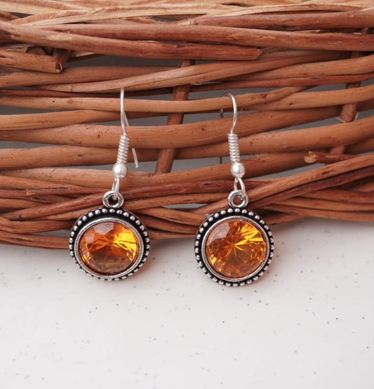 Vintage-Inspired Amber Crystal Drop Earrings in Antiqued Silver
